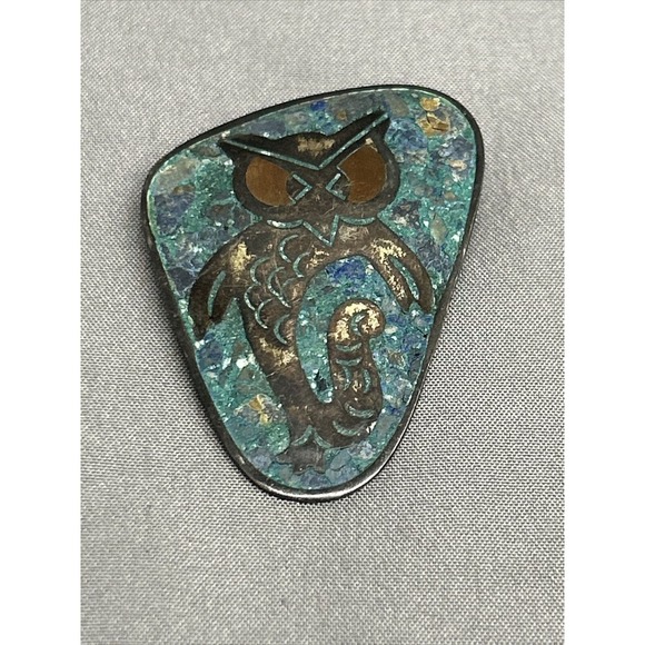 Taxco APB Mexico Sterling Silver Crushed Turquoise Owl Fish Mermaid Pin Brooch - Picture 1 of 11
